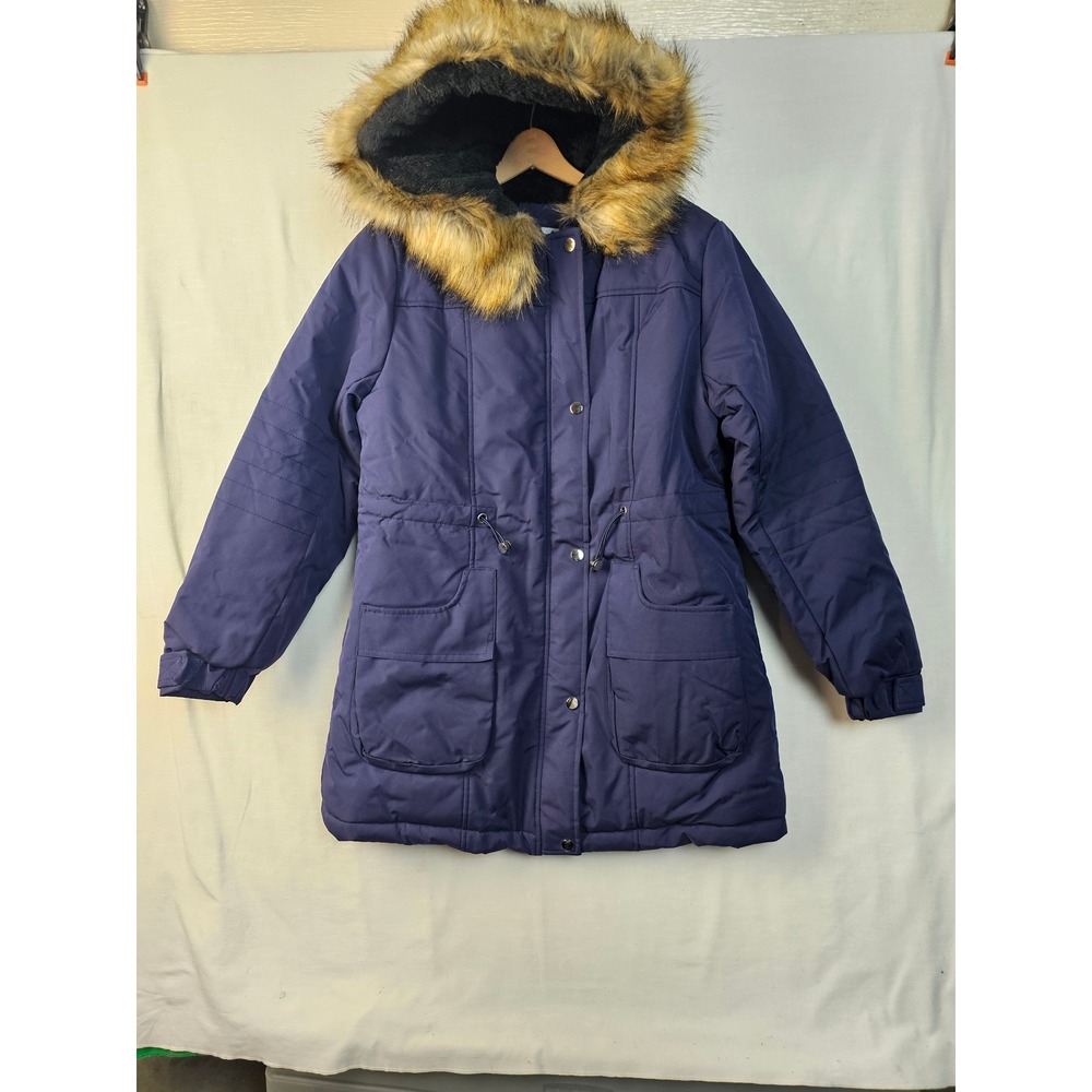 Maacie Womens Navy Blue Faux Fur Hooded Parka Jacket Fleece Lined Size Medium